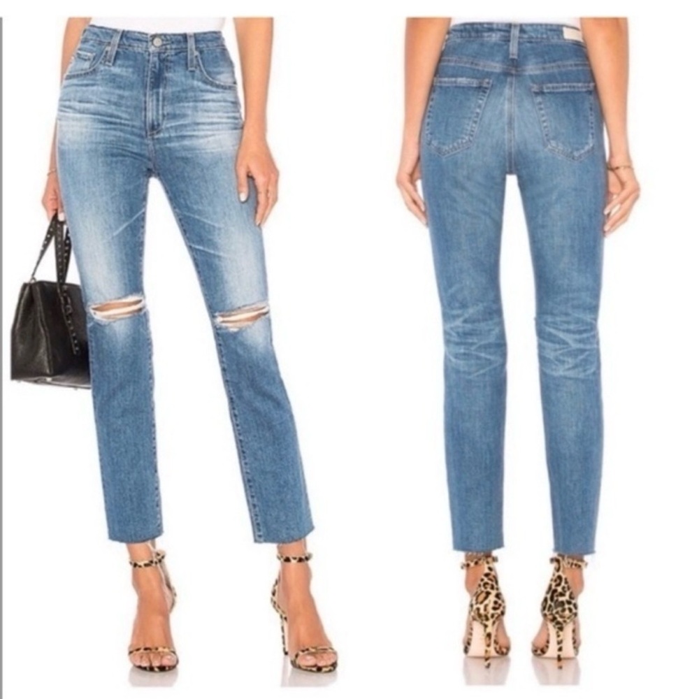 AG Adriano Goldschmied Light Blue High-Rise Cropped Jeans with Knee Rips